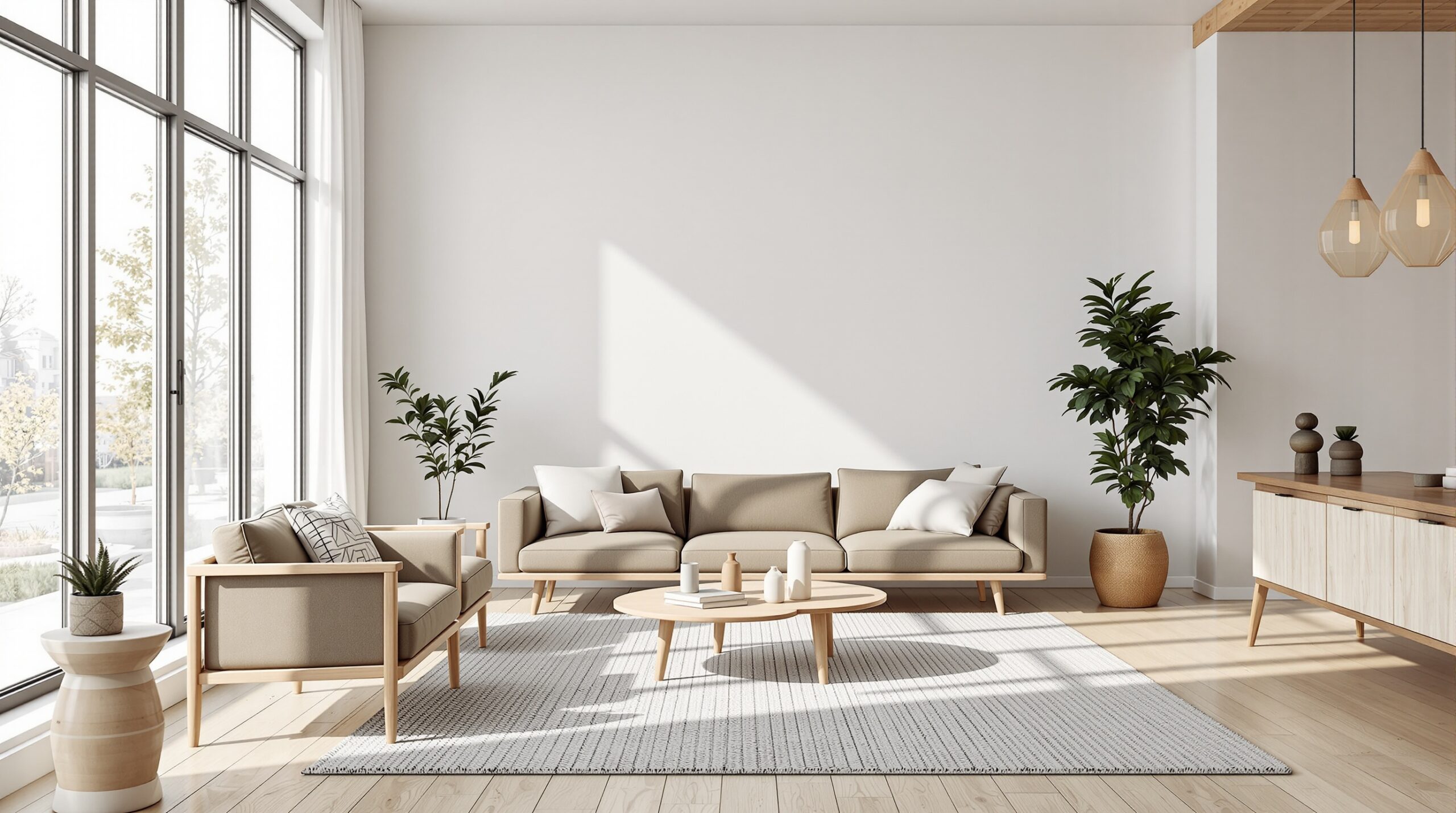 Modernes Wohnzimmer mit großen Fenstern und skandinavischen Holzmöbeln
