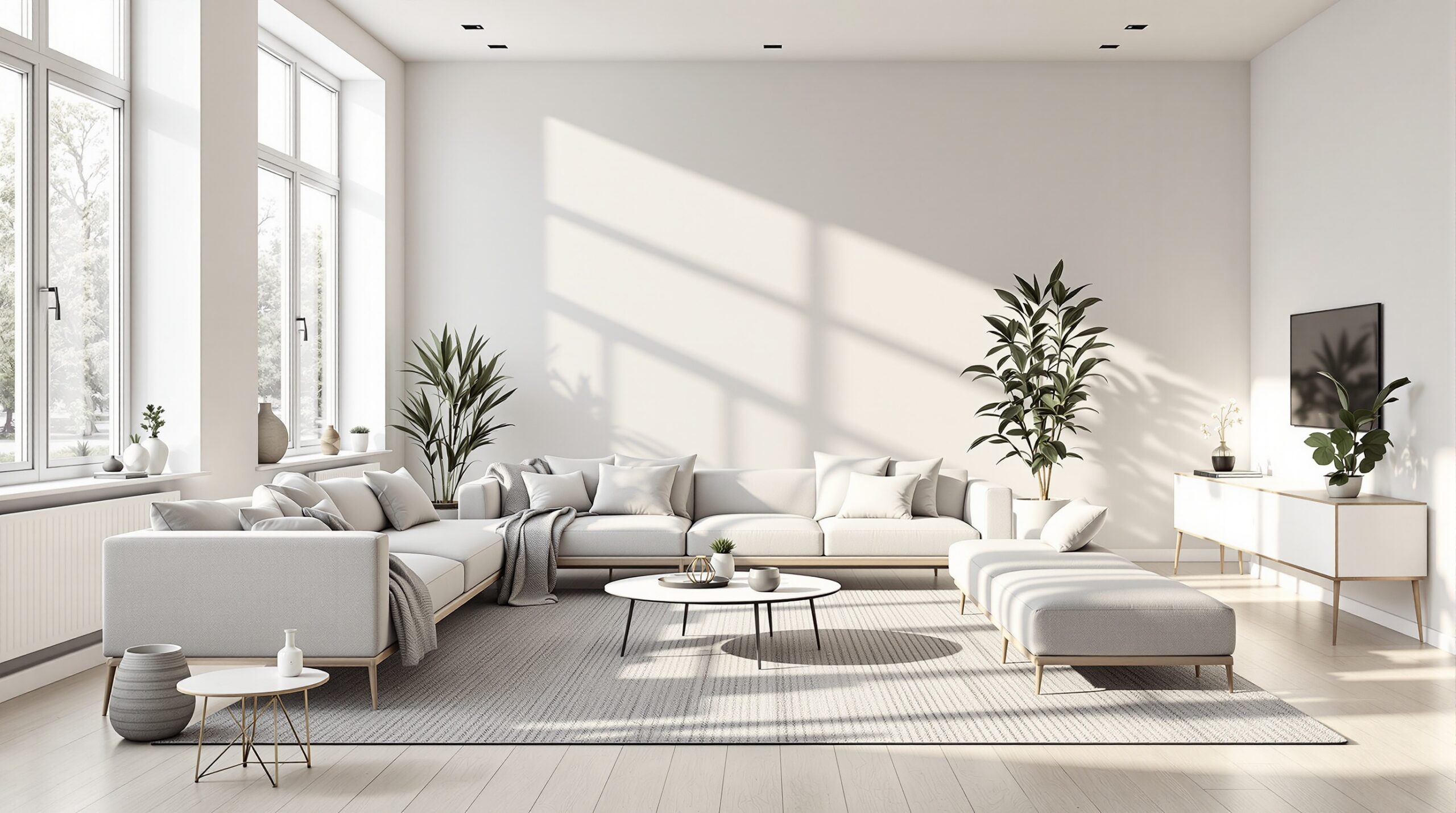 Sauberes modernes Wohnzimmer mit großen Fenstern und L-Form-Sofa