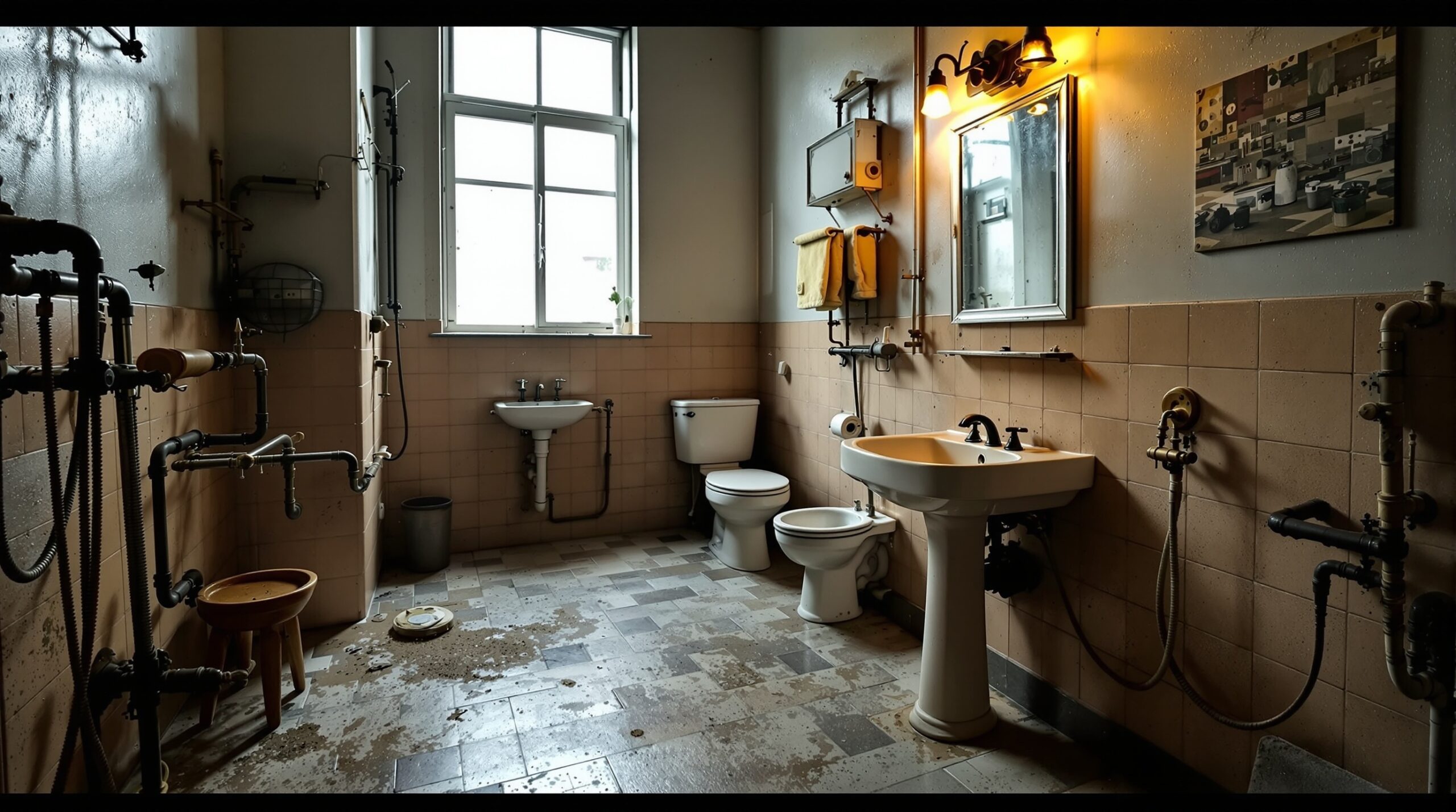 Ein Apartment mit alten Badezimmereinriegern und Verbauung