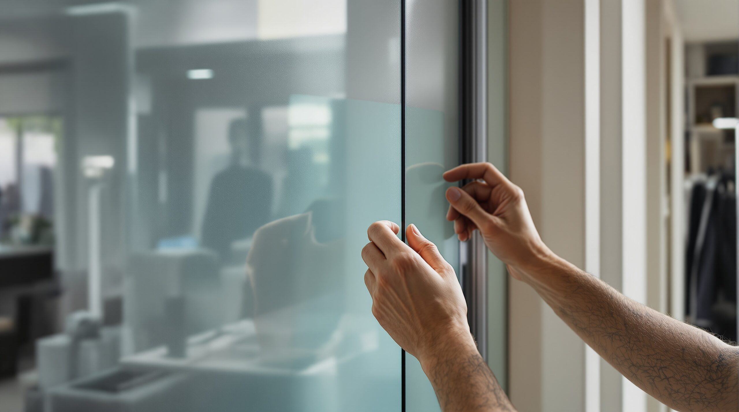 Einbau einer modernen Milchglas-Schiebetür während einer Renovierung in Eigenregie